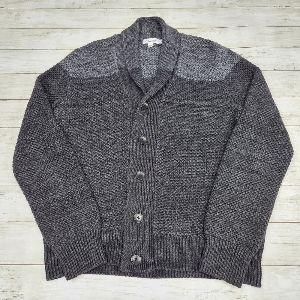 Calvin Klein Cardigan Men M Gray Shawl Collar Textured Popcorn Knit Button Front